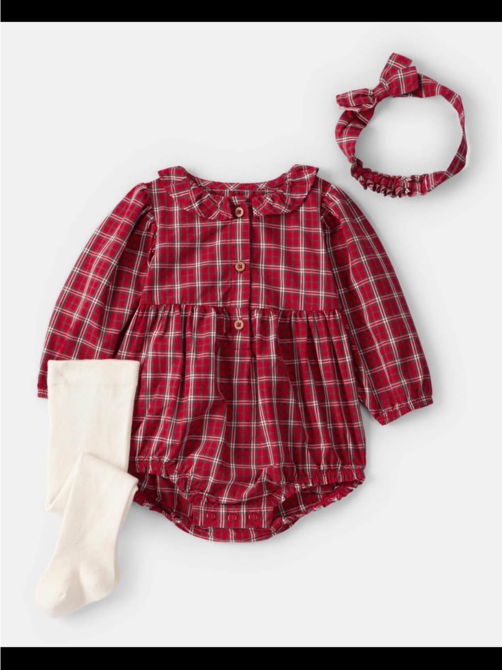 Carter's Red Plaid Bubble Romper Set with Cream Tights and Headband